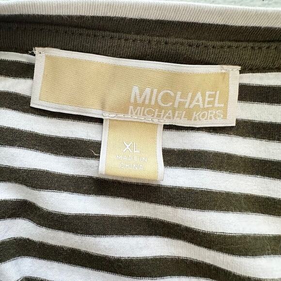 Michael Kors Striped Mini Dress Women's XL Green White Ruffle Sleeve Cotton Zip - Picture 6 of 10